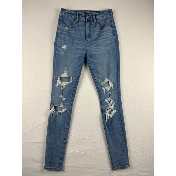 American Eagle Outfitters Denim - American Eagle High Waisted Distressed Skinny Jeans Medium Wash Blue Denim